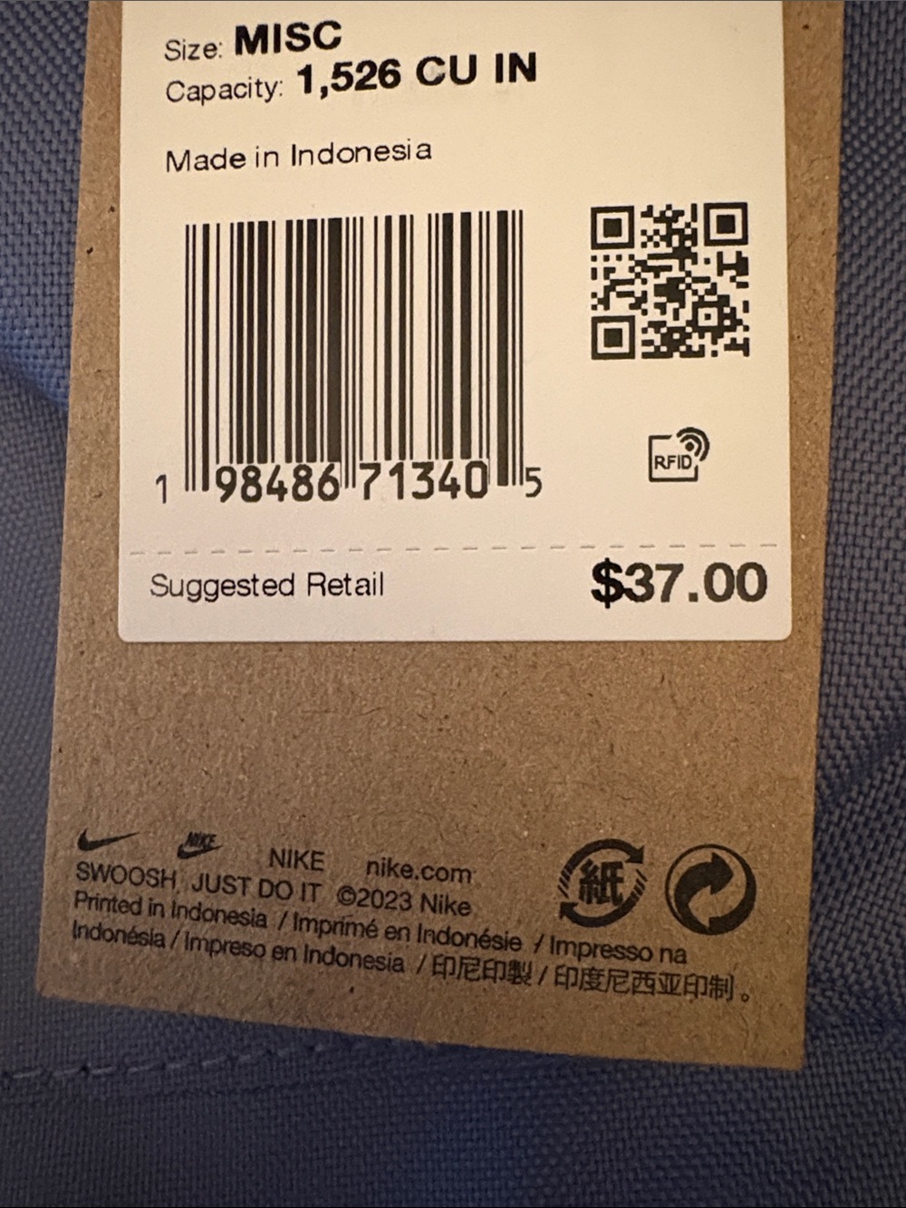 Nike Men's Slate Blue Backpack with White Logo - Picture 2 of 3